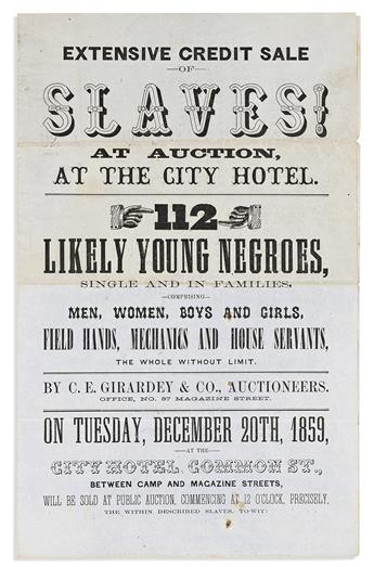 (SLAVERY.) Extensive Credit Sale of Slaves! At Auction, at the City Hotel. 112 Likely Young Negroes.